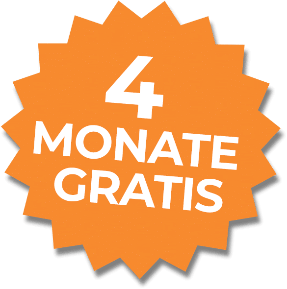 Orangefarbene Sternenform mit dem weißen Text „4 Monate gratis“.